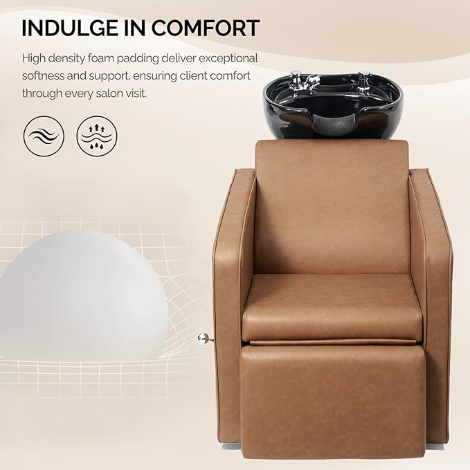 OmySalon Backwash Shampoo Unit for Salon, Hair Washing Station with Ceramic Bowl Adjustable Footrest, Reclining Shampoo Chair for Beauty Spa Barbershop