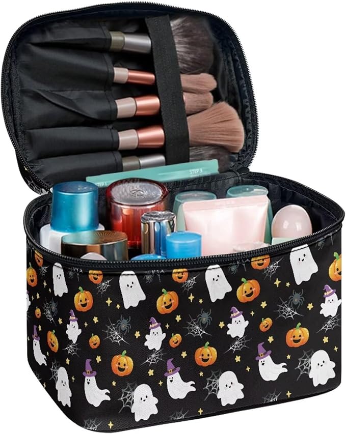 Halloween Travel Makeup Bags for Women Bat Pumpkin Spider Web Pattern Portable Tote Cosmetic Case with Carry Handle Toiletry Accessories Storage Organizer Bags