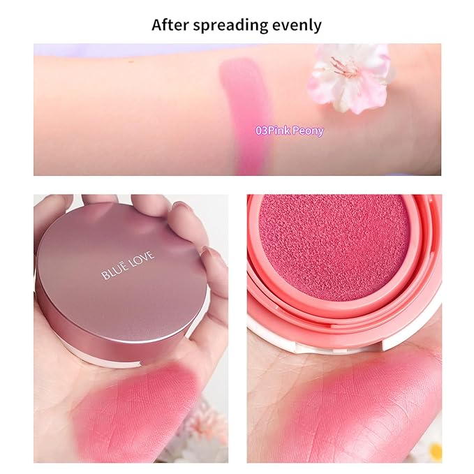 BLUE LOVE Cushion Liquid Blush - Silky Cheek Tint with Mirror, Natural Enhancer for a Radiant Finish, Contours & Highlights for Effortless Elegant (03 Pink Peony)