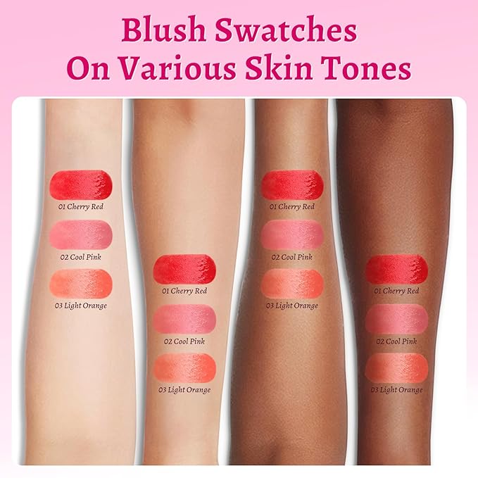 UCANBE 3PCS Liquid Blush Makeup Set – Dewy Cream Cheek Tint for Face – Blendable Long-Lasting Lightweight Natural Flushed Look (Cherry Red, Cool Pink, Light Orange)