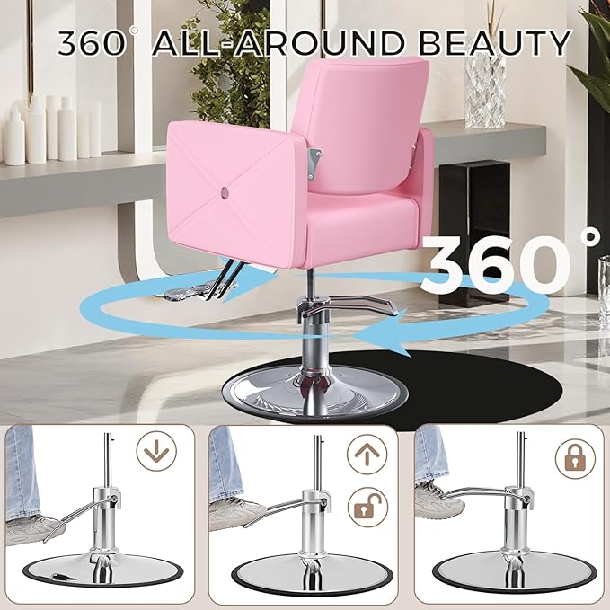 Salon Chair for Hair Stylist with 350Lbs Heavy-Duty Hydraulic Pump, 360° Swivel Barber Chair, Adjustable Height Styling Chair for Beauty Salon, Tattoo, Spa, Elegant Pink