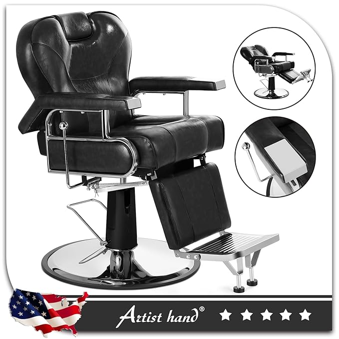 Artist hand Barber Chair Heavy Duty Reclining Salon Chairs with Headrest and Footrest, 360 Degree Swivel Tattoo Chair, Spa Beauty Equipment for Hair Stylists, Barbershop, Max Load 440 Lbs, Black