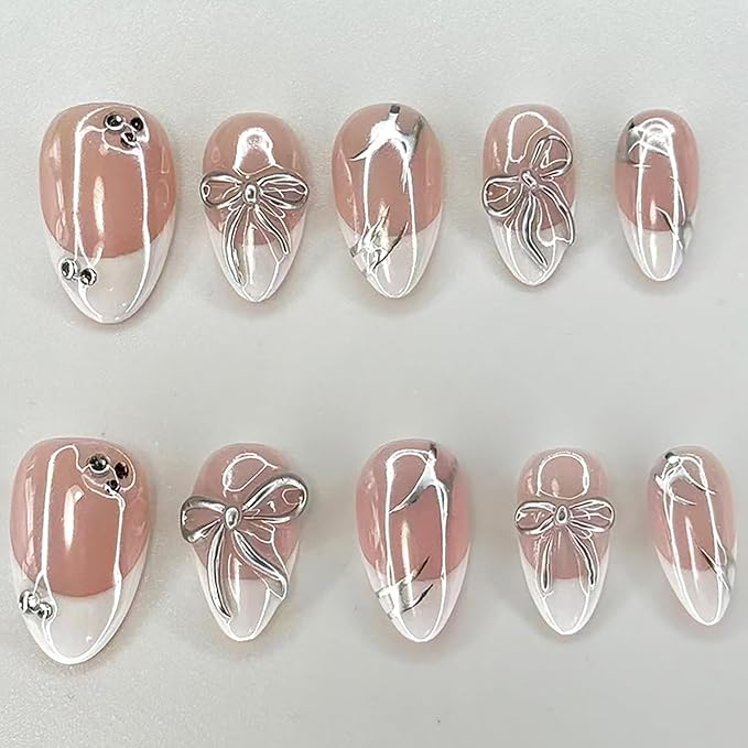 24Pcs White French Tip Press on Nails Short Almond Fake Nail with Shining Rhinestones Designs 3D Silver Bow Glue on Nails Glossy Acrylic Nail Nude Pink Full Cover False Nails for Women Daily Wear