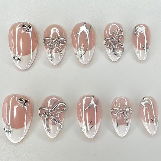 24Pcs White French Tip Press on Nails Short Almond Fake Nail with Shining Rhinestones Designs 3D Silver Bow Glue on Nails Glossy Acrylic Nail Nude Pink Full Cover False Nails for Women Daily Wear