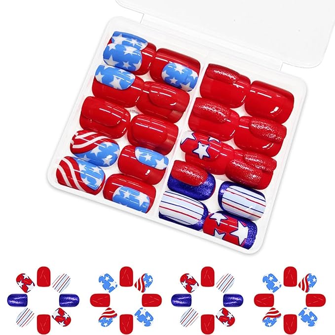 Independence Day Press on Nails Kit - Short Square Fake Nails with Five-Pointed Star Glitter Design,Glossy 4th of July False Nails Cute French Nails American Flag Manicure Art for Women 48Pcs