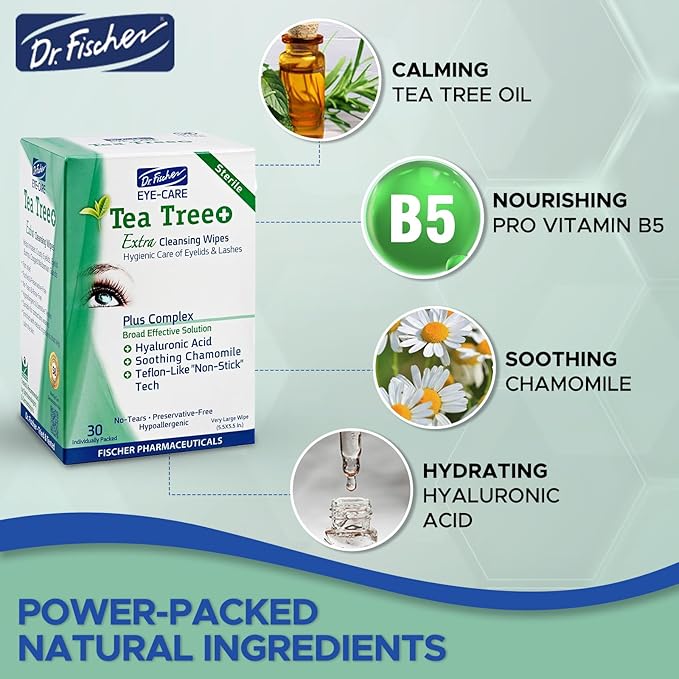 Dr. Fischer Tea Tree Oil Eye Wipes - Eyelid Wipes for Sensitive Eyes with Hyaluronic Acid and Chamomile, Makeup Remover, Daily Cleanser (60 wipes)