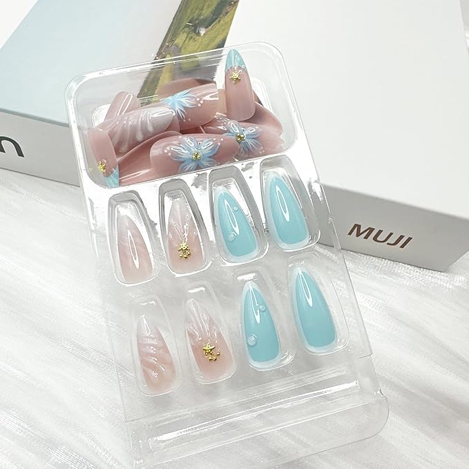 24Pcs Blue Summer Press on Nails Medium Almond Fake Nails with Gold Beads Starfish Glue on Nails 3D Flower Acrylic Nails Ocean Beach False Nails French Tip Stick on Nails for Women Nail Art Designs