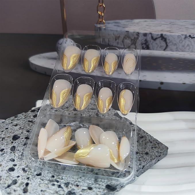 3D Gold Curve Line Press on Nails 24Pcs Irregular Lines Gel Glue on Fingernails Acrylic Full Cover Fake Nails Glossy French Tips Stick on Nail Vine Medium Almond False Nail for Holiday Manicure Art