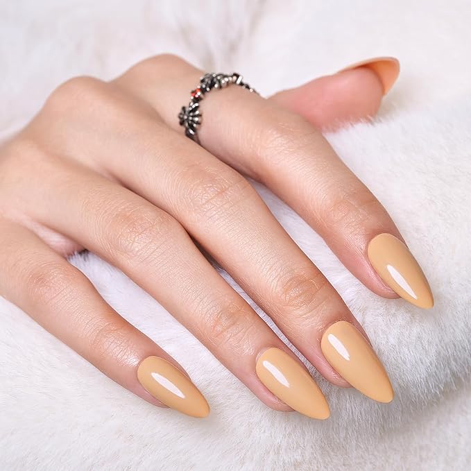 Wooyas Press on Nails Almond，Medium Glossy Handmade Gel Fake Nails Color，Reusable Salon Perfect Press on Nails in 12 Sizes - 24 Pcs Soft Gel Glue On Nails Kit，Apricot Peach Color