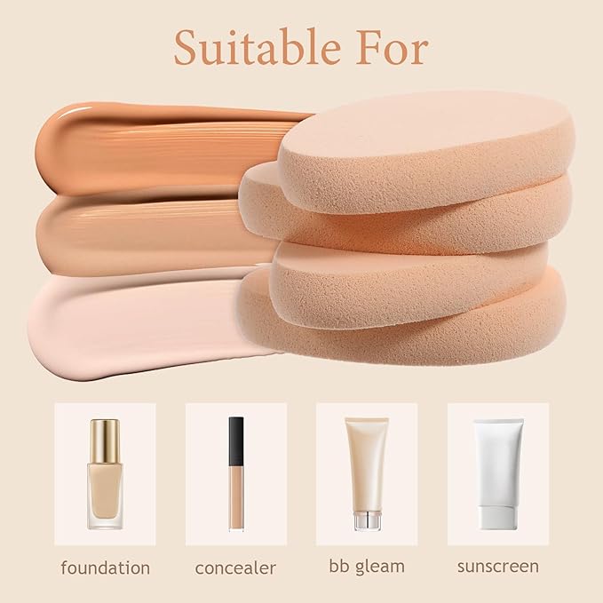 Oval Puff Set 8 Pcs Flat Makeup Sponge Facial Powder Blender Puffs Foundation Sponge Beige Beauty Egg Smooth Air Cushion Puff for Natural Easy Soft Long Lasting Beginner Friendly
