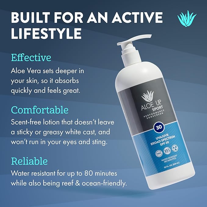 Aloe Up Sport Sunscreen Lotion SPF 30 - Broad Spectrum UVA/UVB Sunscreen Protector for Face and Body With Hydrating Aloe Vera Gel Non-Greasy No White Cast Reef Safe Fragrance-Free - 32 Oz.