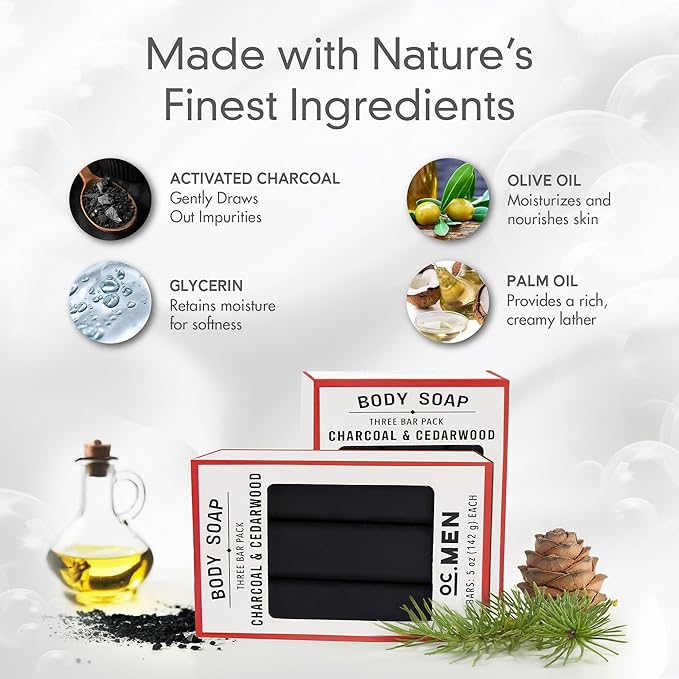 Olivia Care Activated Charcoal Cedarwood Bar Soap 3 Pack Set 100% Natural & Organic – For Face & Body - Deep Clean, Exfoliate, Moisturize & Hydrate - Amazing Masculine Fragrance - 3 X 5 OZ