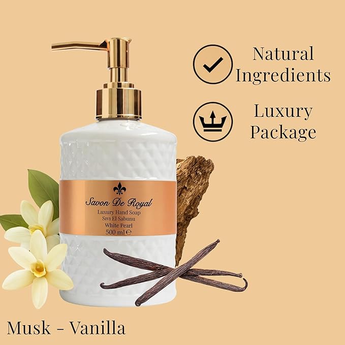 Luxury Liquid Hand Soap, Musk - Vanilla Scent, Moisturizing Vegan Kitchen & Bathroom Soap for Hand Wash, Gentle & Nourishing Formula, Refillable Bottle 16.9 Fl Oz, White Pearl