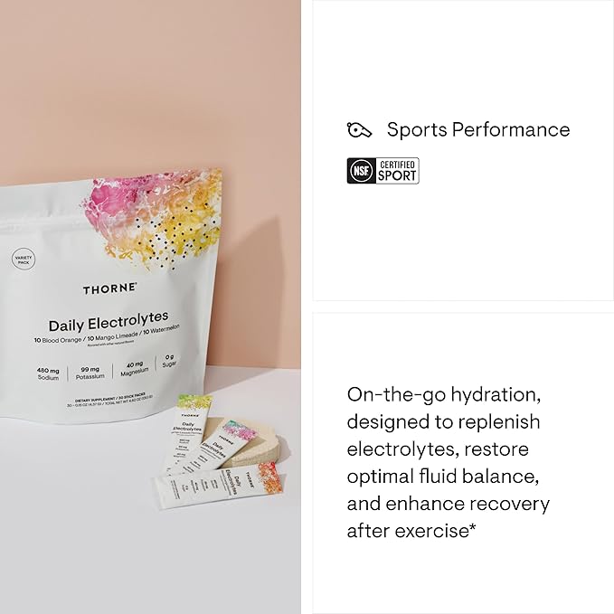 THORNE - Daily Electrolytes - Zero Sugar & Low-Calorie Electrolyte Drink Mix - Naturally Flavored & Sweetened - NSF Certified for Sport - Variety - 30 Stick Packs