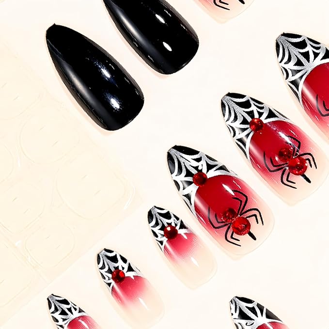 24 Pcs Goth Almond Press on Nails Halloween Fake Nails Black Red Gradient False Nails with Red Diamond Spider Web 3D Spider Design Handmade Nails Ombre Gothic Acrylic Nail Glue on Nail for Women