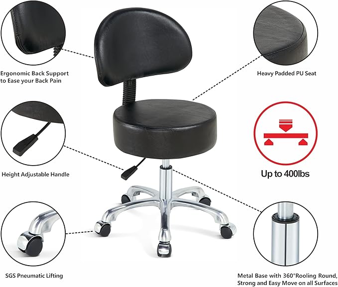 Black Lift Swivel Rolling Stool Round Chair,Thick Sturdy Padding,Adjustable Stool with Wheels for Doctor,Medical,Massage Salon,Office,Shop(with Back, Brown)