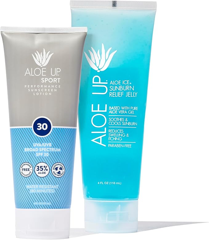ALOE UP Sport Sunscreen Lotion SPF 30 and Aloe Ice Sunburn Relief Jelly - Bundle with Sunscreen Protector for Face and Body and After Sun Gel - With Pure Aloe Vera Gel - Reef Friendly - 2 Items
