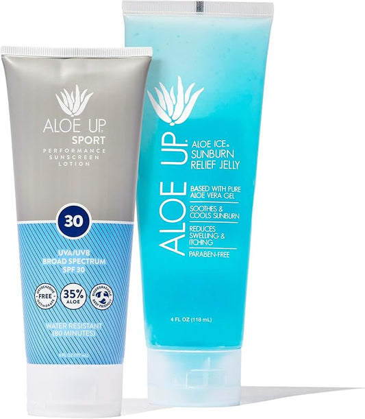 ALOE UP Sport Sunscreen Lotion SPF 30 and Aloe Ice Sunburn Relief Jelly - Bundle with Sunscreen Protector for Face and Body and After Sun Gel - With Pure Aloe Vera Gel - Reef Friendly - 2 Items