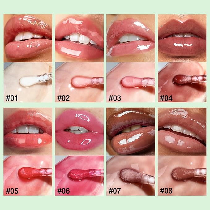 8 Pack Hydrating Glow Lip Oil Makeup Set for Women, Moisturizing Lip Gloss with Glow Finish, Long Lasting Nourishing Lip Care Fat Oil Lip Drip, Sweet Candy Scent (8 COLORS)