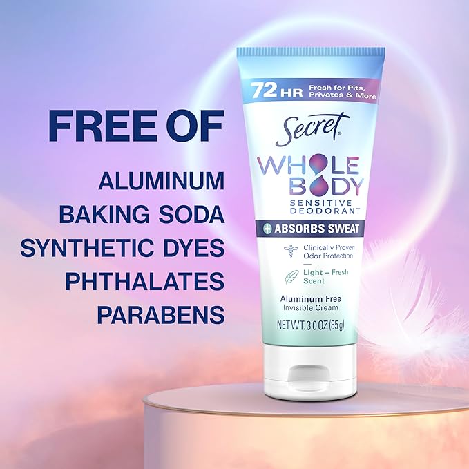 Secret Whole Body Deodorant Dry Feel Cream + Absorbs Sweat for Women, Light & Fresh Scent, Aluminum Free Deodorant, 72 HR Odor Protection, 3.0 oz