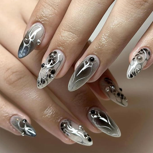 Medium Almond Press on Nails Punk Y2k Fake Nails Gradient Black Stick on Nails 3D Rhinestones Cool Butterfly Design Acrylic Nails Silver Chrome Full Cover False Manicure for Women 24Pcs
