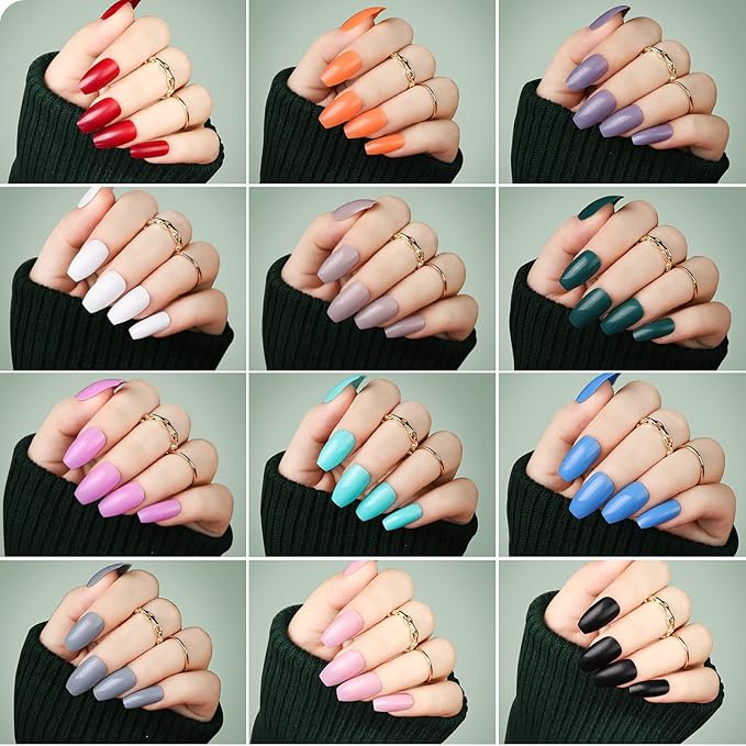 Teenitor 24 Pack 576 PCS Press On Nails Medium Length Coffin Glue On Nails, Coffin Shape Press On Nails Set, 12 Colors Coffin Matte Press On Nails, 12 Colors Glossy Press On Coffin Nail
