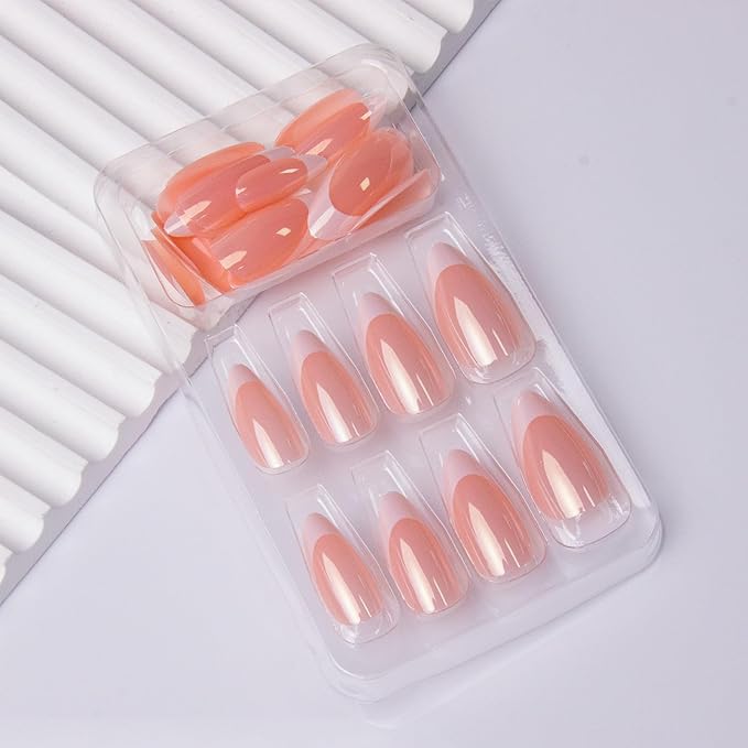 French Tip Press on Nails Medium Almond Fake Nails Press ons with Designs Chrome False Nails Long Glossy Full Cover Glue on Nails Cute Acrylic Stick on Nail for Women Nail Manicure Decoration 24Pcs