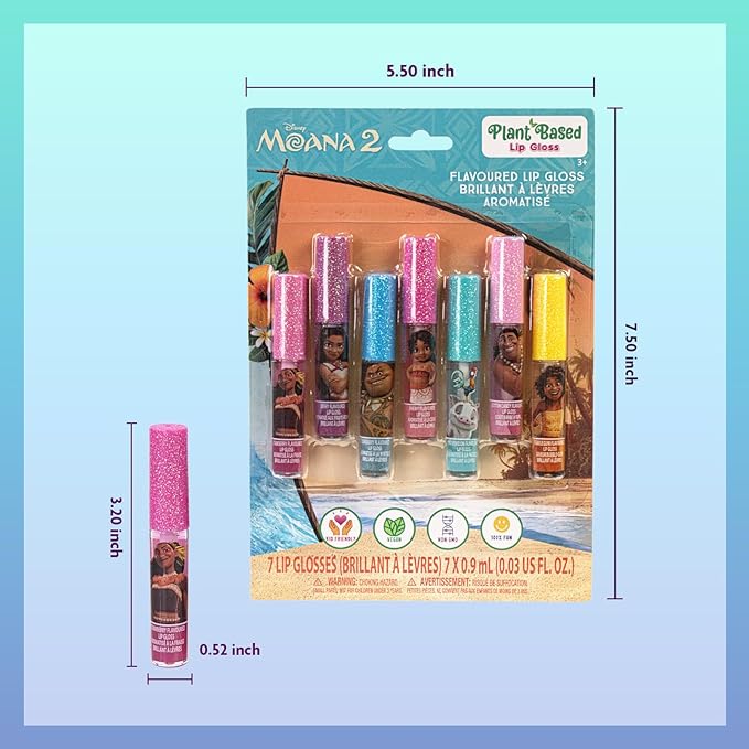 Disney Moana 7 Piece Plant Based Lip Gloss, Girls Party Favors, First Makeup Set for Girl, Perfect for Parties, Sleepovers, and Birthday Gifts, Ages 3+, by Townley Girl