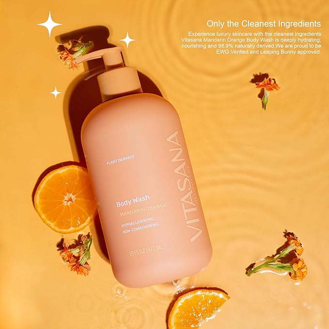 Natural Body Wash for Sensitive Skin, 16 oz – Mandarin Orange Scent, 98.9% Plant‑Derived, EWG Verified, Hypoallergenic, Paraben‑Free, Sulfate‑Free, Cruelty‑Free