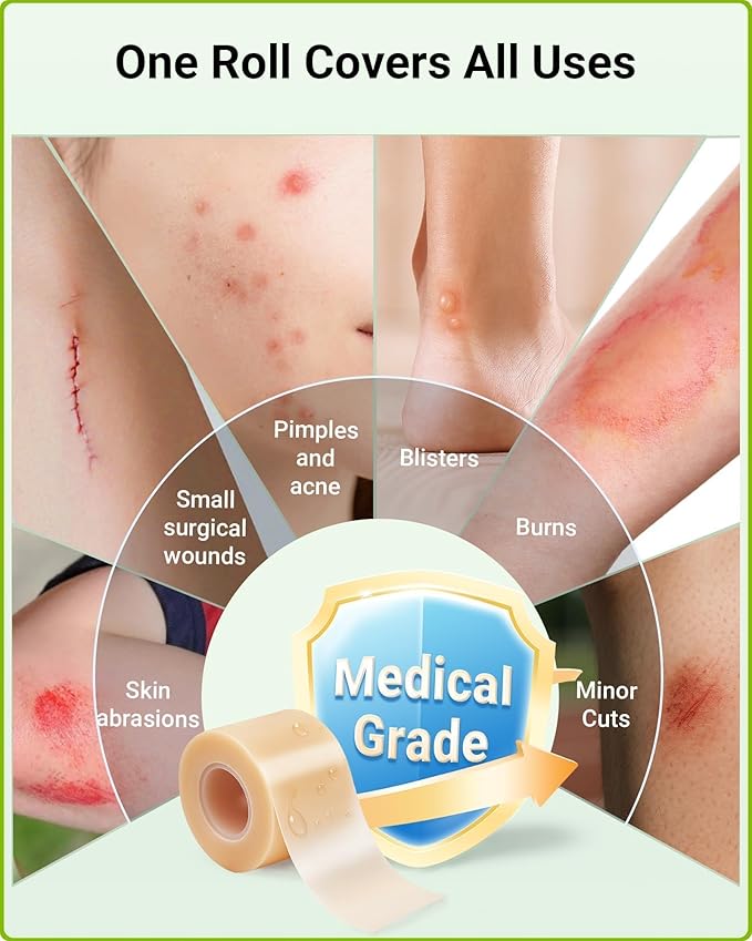 Hydrocolloid Roll Bandages for Wound Care, Kovoq Medical Grade Hydrocolloid Pimple Patches Tape Sterile and Waterproof, with DIY Size & Shape Tools Scissor and Tweezer (2in * 16ft)