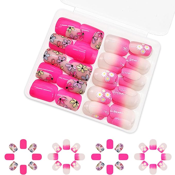 48Pcs Pink Press on Nails Kit - Flower Fake Nails Short Square with Floral Designs Glossy Cute Gradient Pink False Nails French Nails Press ons Flowers Spring Stick on Nails for Women Daily Wear