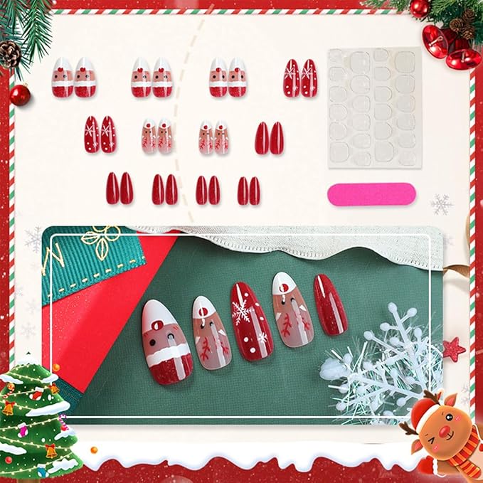 24Pcs Christmas Press on Nails Almond Medium, NEWSPIED Cute Santa Claus Elk Fake Nails with Snowflakes Design Red Shiny Christmas False Nails Reusable Holiday Artificial Nails for Women Girls Manicure