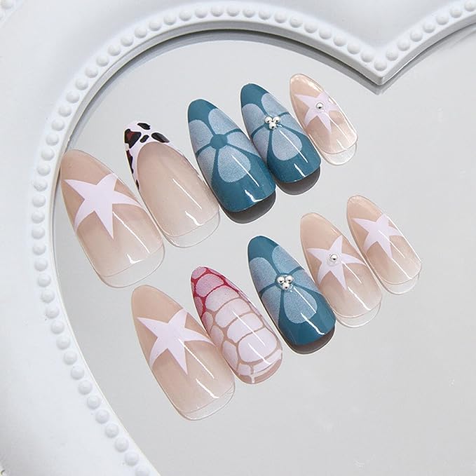 IMRAIN Press on Nails Medium Almond Fake Nails French Tip False Nails Crocodile Print Acrylic Nails Press ons Full Cover Glue on Nails Pink Blue Stick on Nails for Women Star 24Pcs