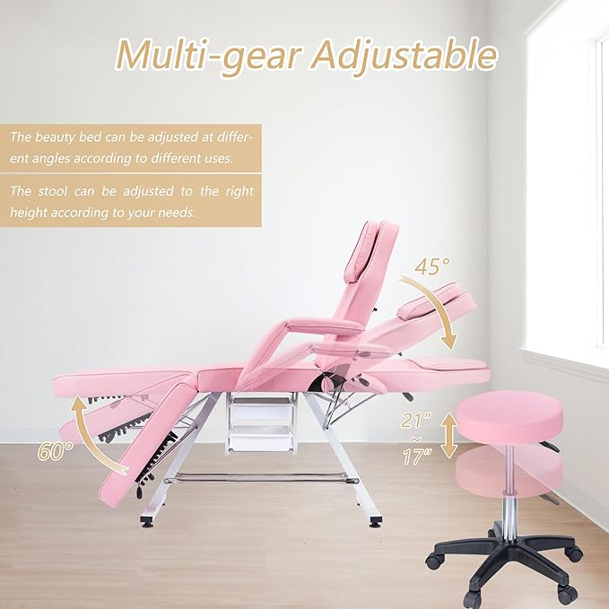 Tattoo Chair Facial Bed with Two Trays Esthetician Bed Adjustable Folding Salon Bed with Hydraulic Stool Massage Bed for Professional Massage Facial Lash Beauty Treatment Spa,Pink