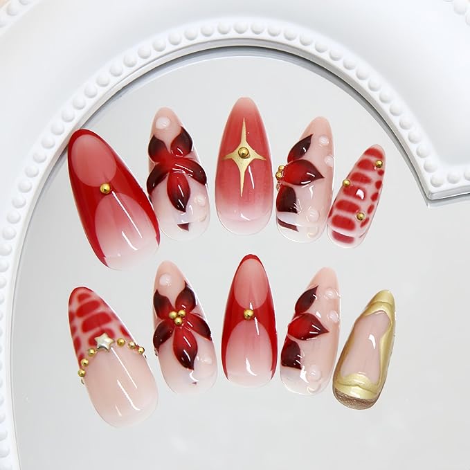 Almond Press on Nails Medium Almond Fake Nails with 3D Texture Gold Design Y2K Gold Star Beads Full Cover Acrylic Nails False Nails Red Crocodile Pattern French Stick on Nail for Women 24Pcs