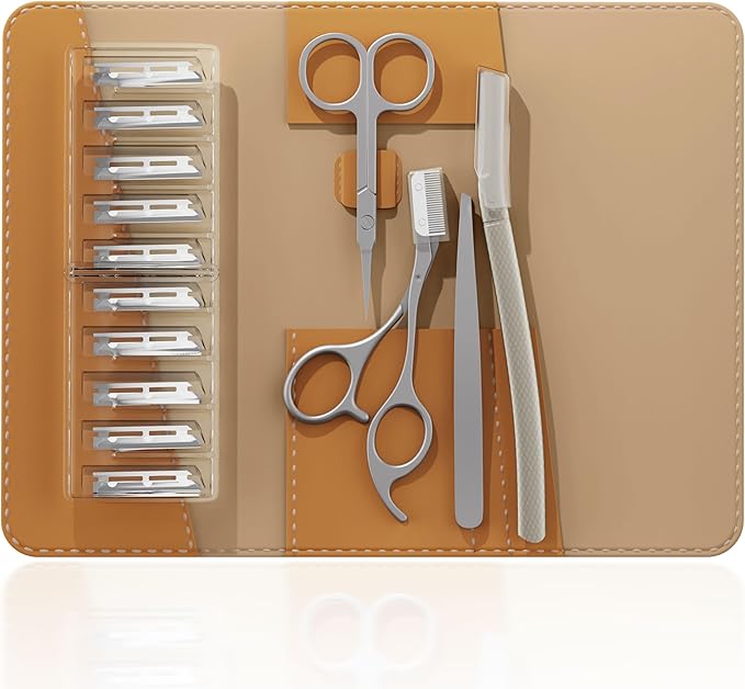 Tweezers for Women Facial Hair, 4 in 1 Eyebrow Kit with Tweezers, Eyebrow Trimmer Scissors, Razor, Style Leather Travel Case, Hair Plucking Daily Beauty Tools
