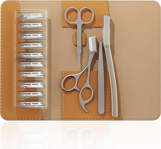 Tweezers for Women Facial Hair, 4 in 1 Eyebrow Kit with Tweezers, Eyebrow Trimmer Scissors, Razor, Style Leather Travel Case, Hair Plucking Daily Beauty Tools