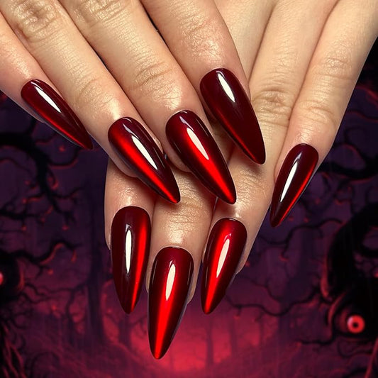 evpct Dark Red Cat Eye Press on Nails Almond Long, Stick on Glue on Nail Long Almond for Women Gift with Glue, Bloond Red Metallic Glitter Soft Gel Reusable Press on Acrylic Fake Nail with Designs