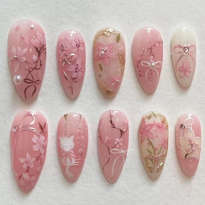 30pcs Pink Flower Cute Cat Almond Acrylic Press-On False Nails Kit with Rhinestone Pearl Designs, Bow, Summer Floral Nail Decoration