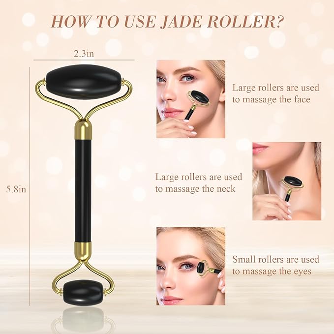 Jade Roller Gua Sha Set - Facial Skin Care Set, Facial Beauty Tools, Natural Beauty Skin Care Tools, Face Roller Massager for Face, Neck, and Eye Treatment,Gua Sha Facial Massager (Black)