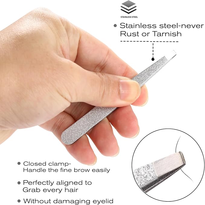 4-Pcs Glitter Stainless Steel Precision Tweezer Set for Eyebrows, Ingrown Hair & Lash Extensions (Bright Silver)