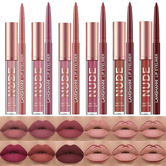 Petansy 12Pcs Lip Liner and Lipstick Set, 6 Colors Matte Liquid Lip Sticks + 6 Matching Smooth Nude Lip Liner, All in One Waterproof Long Lasting Lip Gloss Lips Make-up Gift Set for Girls and Women