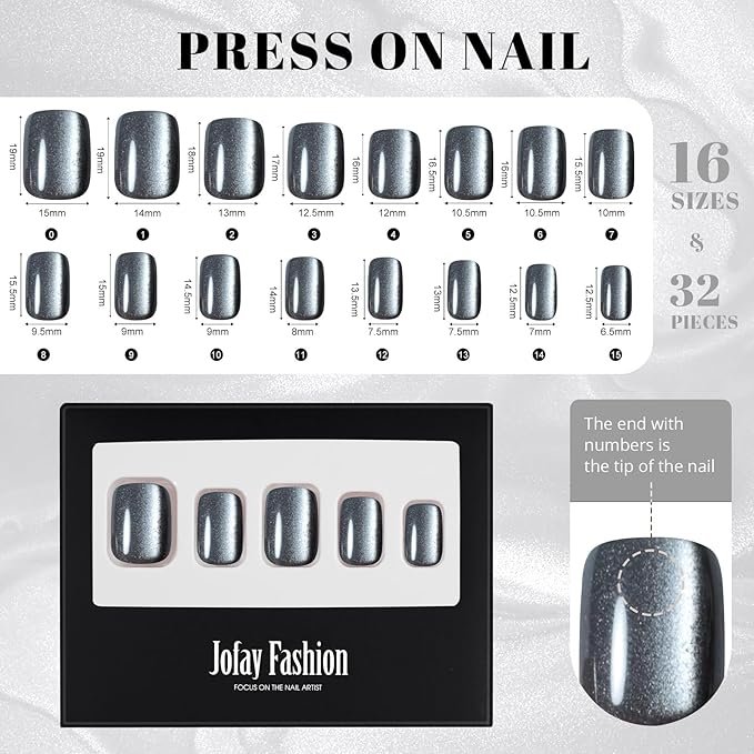 Cat Eye Press on Nails Short, Jofay Fashion Soft Gel Fake Nails, Gray Press on Nails, Reusable & Stylish Acrylic False Nails, Stick on Nails for Women Girls Gift, Glue on Nails Kit 32 Pcs