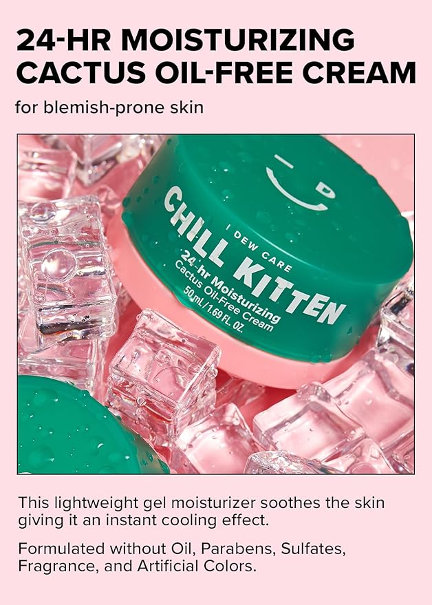 I DEW CARE Heartleaf Face Cream - Chill Kitten | Moisturizer with Moringa Seed, Prickly Pear, Aloe Vera Gel, Cactus Oil-Free, Glass Skin Look, Daily Use, Mother's Day, 1.69 FL Oz