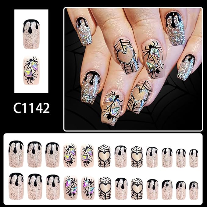 24Pcs Halloween Press on Nails Short Square Black Spider Fake Nails with Rhinestones Design Horror False Nails Bloody Drop Full Cover Artificial Tip Glue on Nail Holiday Goth Stick on Nail for Women