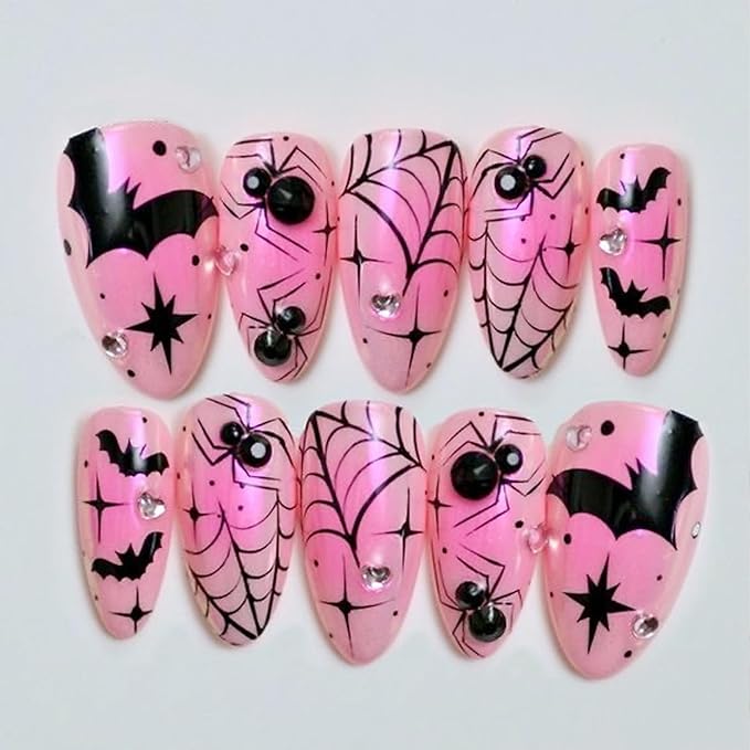 30Pcs Halloween Spider Bat Press on Nails Medium Almond Fake Nails with Rhinestone Designs 3D Goth Spider Web False Nail Pink Halloween Glue on Nail for Women Glossy Reusable Halloween Nails Art