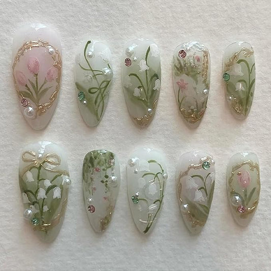 24Pcs Green Press on Nails Medium Almond Fake Nails White Pink Flower with Pearl Rhinestones Designs Full Cover Gold French Tip Nails Bow Stick on Nails Handmade False Nails for Women Acrylic Nails
