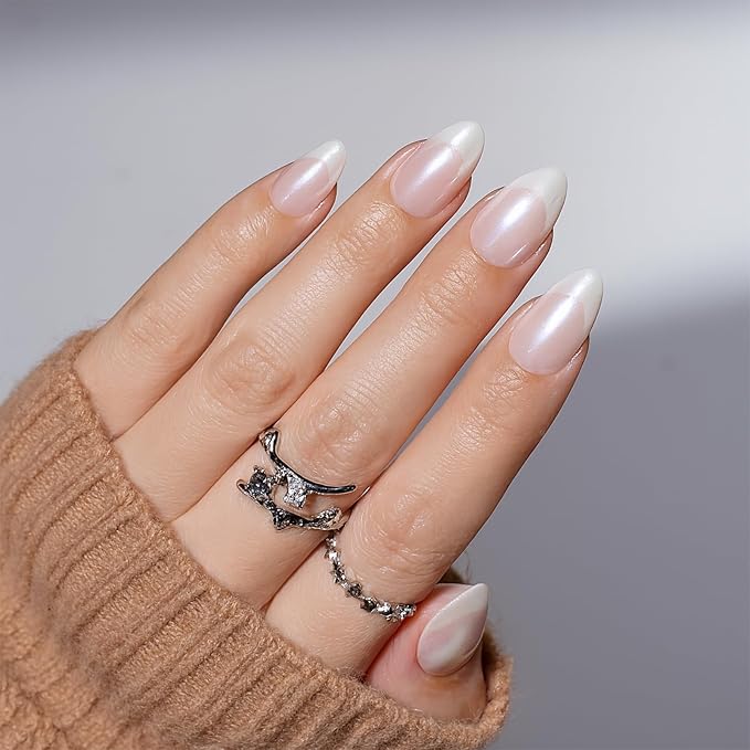 French Tip Press on Nails, Short White Press on Nails Almond Reusable Glossy Laser White Nails Soft Gel False Nails Press ons for Women, 16 Sizes 32 Count Nails Kit with Glue (SV-04)