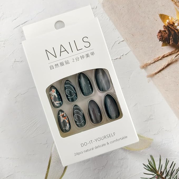 24Pcs Summer Press on Nails Almond Short Fake Nails 3D Water Ripples Cute Fish Design Elegant Shine Artificial False Nails Full Cover Stick on Nails for Women Dark Color Acrylic Nails Set