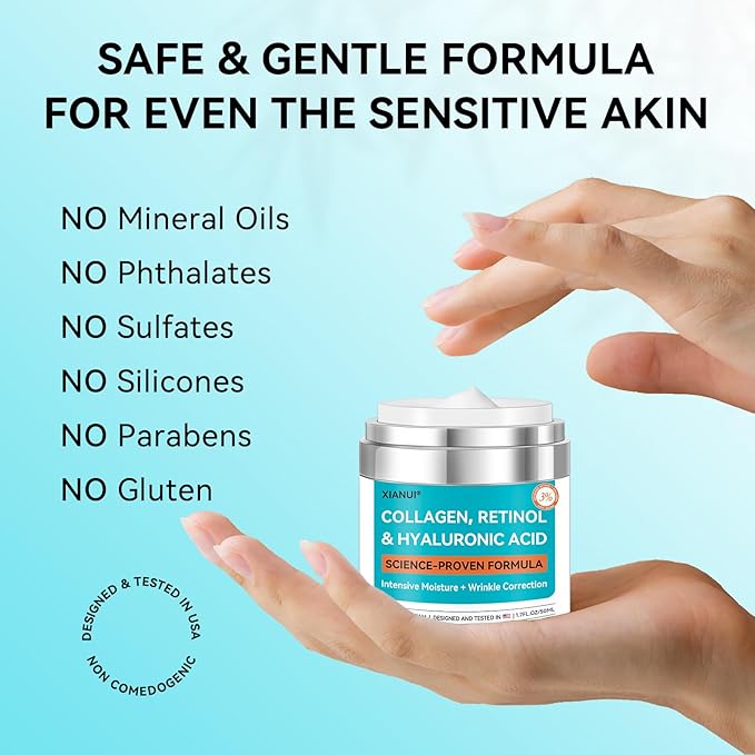 Retinol, Collagen & Hyaluronic Acid Face Cream - Anti-Aging Moisturizer for Face, Neck & Décolleté - Deep Nourishing, Firming & Wrinkle Reduction - Day & Night Use, 1.7 fl.oz.